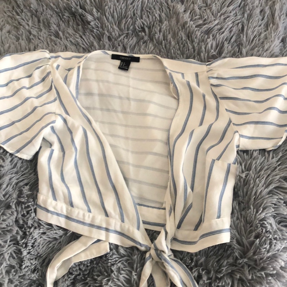 Blue and White Striped Ribbon Flowy Crop